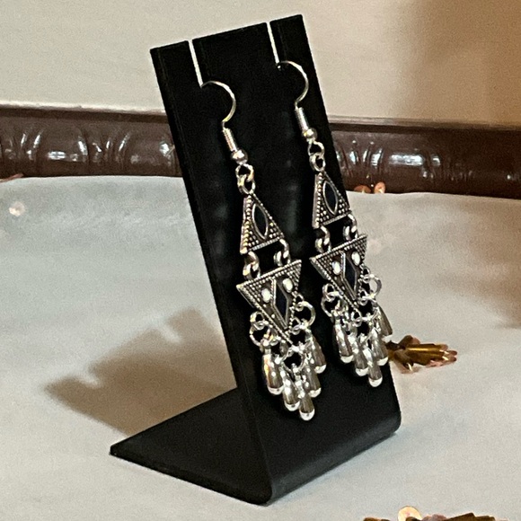 Silver Geometric Dangle Earrings - Picture 4 of 7